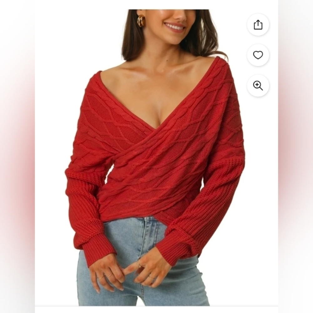 Seta T Women's Long Sleeve V Neck Off Shoulder Asymmetric Hem Cable Knitted Crop